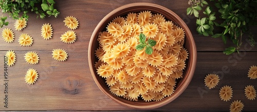 3D rendering of salmon farfalle pasta on a wooden table top view horizontal orientation photo