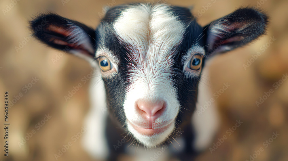 A curious baby goat gazes playfully with wide eyes, showcasing its charming features and vibrant personality against a soft, blurred backdrop A curious baby goat gazes playfully with wide eyes, showcasing its charming features and vibrant personality against a soft, blurred backdrop