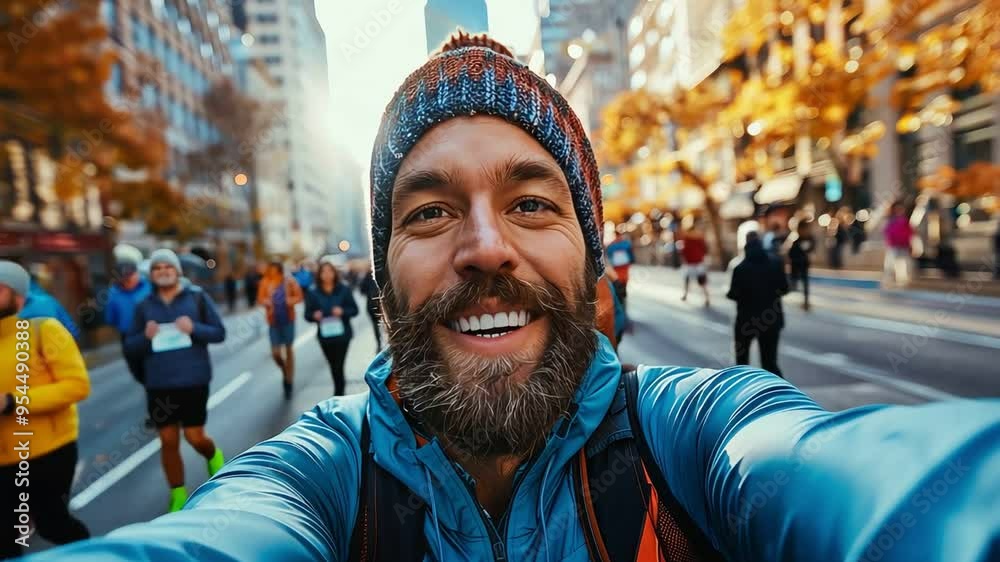 Smiling runner takes a selfie during a marathon race in the city.