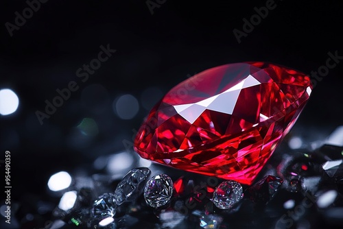 Red Ruby gemstone set against a black background, shining brightly amidst other precious jewels like diamonds and crystals, perfect for luxurious jewelry or Christmas decorations. Generative Ai photo