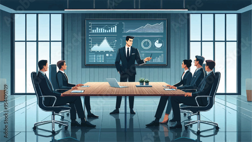 An image of a confident CEO standing at a sleek, modern conference room, presenting his company's performance to five attentive investors 