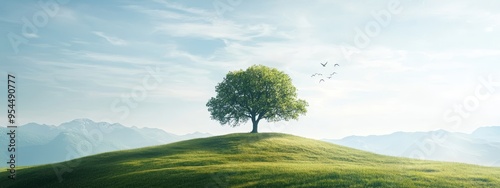  A solitary tree atop a green hill Mountains in the background Birds flitting through the sky