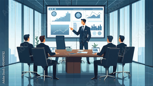 An image of a confident CEO standing at a sleek, modern conference room, presenting his company's performance to five attentive investors 