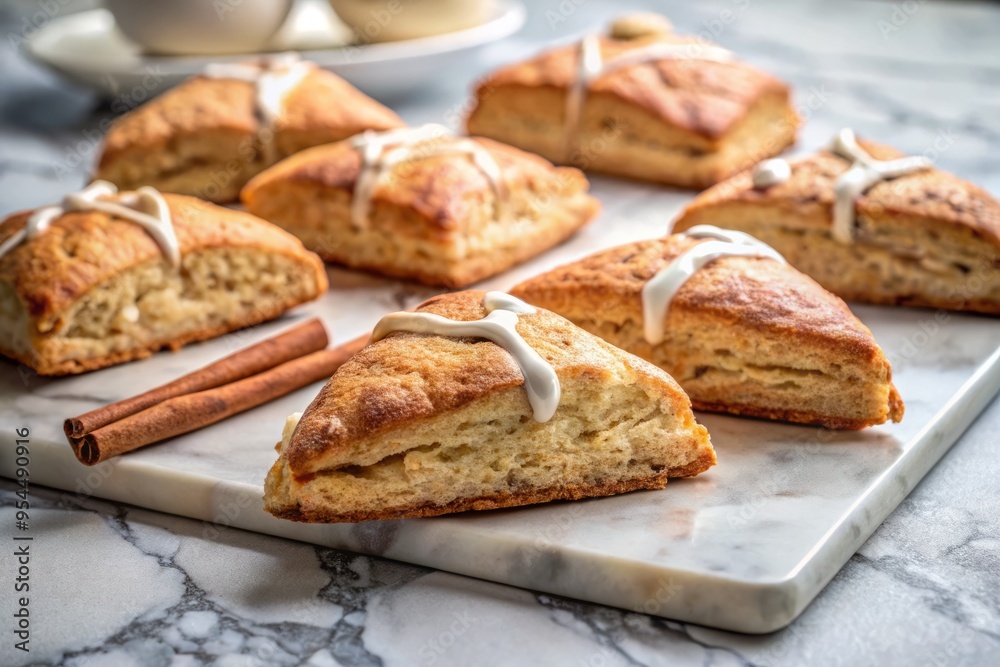 Cinnamon scones arranged on a modern marble countertop, sleek and minimalist composition emphasizing the clean lines and simplicity of the scene. Cinnamon scones arranged on a modern marble countertop, sleek and minimalist composition emphasizing the clean lines and simplicity of the scene.