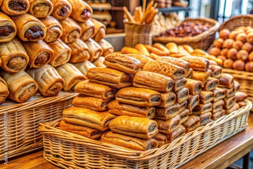 A stack of fresh sausage rolls on a bakery counter, surrounded by baskets of bread and pastries, capturing the bustling atmosphere of a morning rush. photo