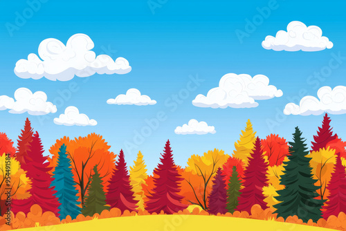A vibrant autumn landscape featuring colorful trees against a bright blue sky with fluffy clouds.