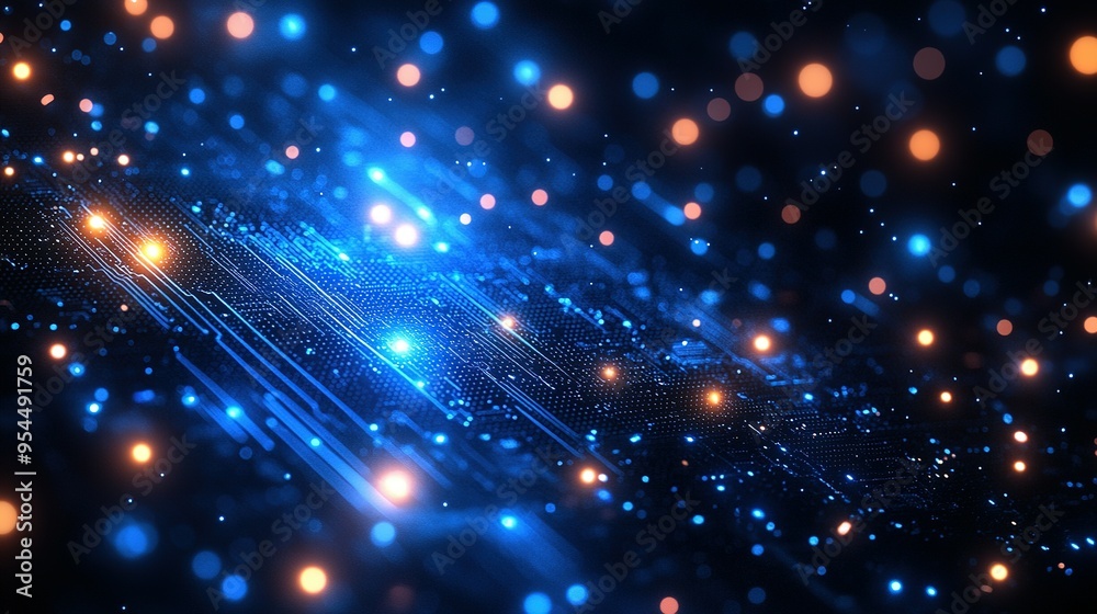 Abstract Blue and Orange Circuit Board with Glowing Lights Abstract Blue and Orange Circuit Board with Glowing Lights