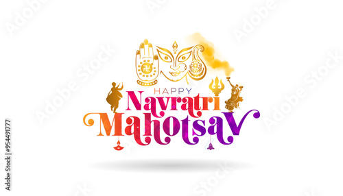 Navratri Festive logo on white background. Happy Navratri Mahotsav text with Goddess Durga. Vector illustration.