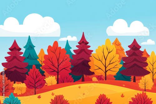 A vibrant autumn landscape featuring colorful trees and a clear blue sky.