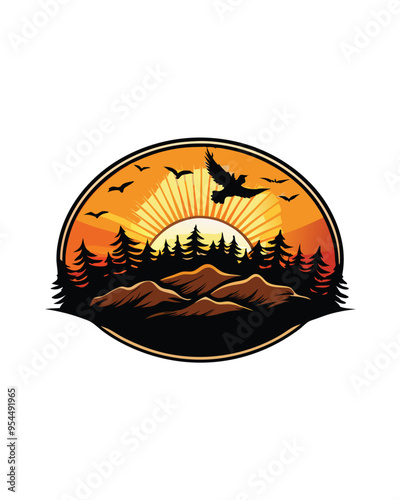 Editable stroke vector of a sunset behind a hill with flying birds.