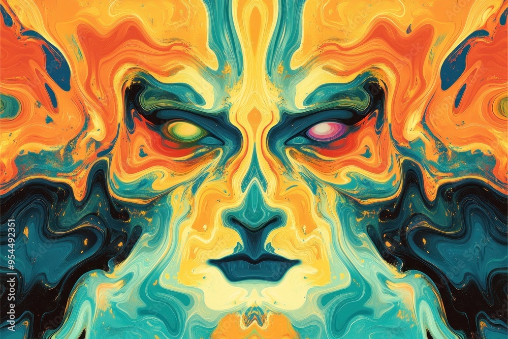 Abstract Swirling Face with Vivid Colors and Gold Accents
