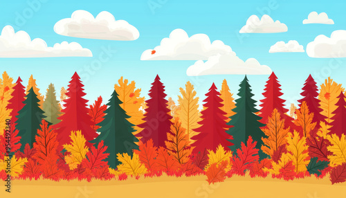 A vibrant autumn landscape featuring colorful trees and a clear blue sky, ideal for seasonal themes and nature illustrations.