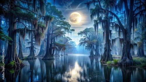 Mysterious, moonlit scene of a cypress swamp, trees reflected in still, dark water, eerie blue-gray atmosphere, Spanish moss hanging like a veil, a realistic photo image.