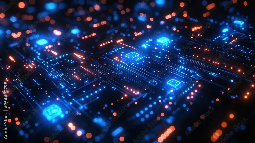 Fototapeta premium Abstract Circuit Board with Glowing Blue and Orange Lights