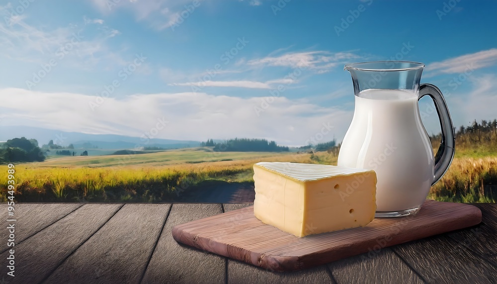 Fresh dairy products and cheese on wooden table in morning dairy farm. Fresh dairy products and cheese on wooden table in morning dairy farm.