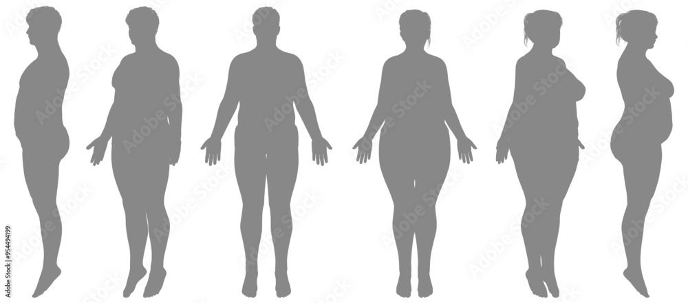 太った男性とぽっちゃりした女性の全身正面 横向き 斜めのイラスト シルエットセット モノクロ グレー 太った男性とぽっちゃりした女性の全身正面 横向き 斜めのイラスト シルエットセット モノクロ グレー