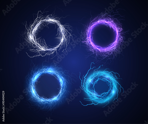 Lightning round frame different colors vector set, rays bright power, circle thunderbolt, energy strike light flash hole