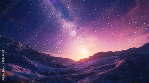 Colorful night landscape featuring the Milky Way in a 3D cartoon rendering with a beautiful star filled sky and a background depicting the galaxy perfect for tourism