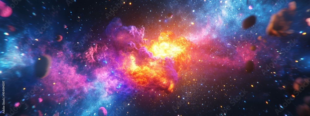 Illustration concept of a galaxy explosion and big bang in a 3D cartoon rendering of the star universe Illustration concept of a galaxy explosion and big bang in a 3D cartoon rendering of the star universe
