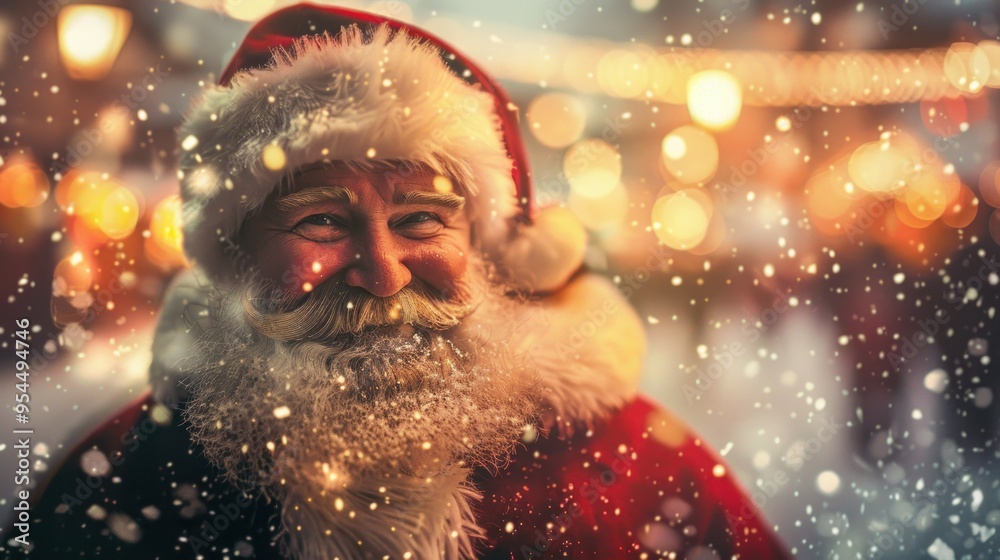 A joyful Santa Claus stands in a snowy village adorned with festive lights during a cheerful winter celebration A joyful Santa Claus stands in a snowy village adorned with festive lights during a cheerful winter celebration