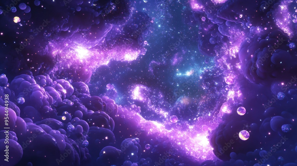 3D cartoon rendering featuring a purple galaxy space with a starry night sky backdrop illuminated stars and a theme of celebration
