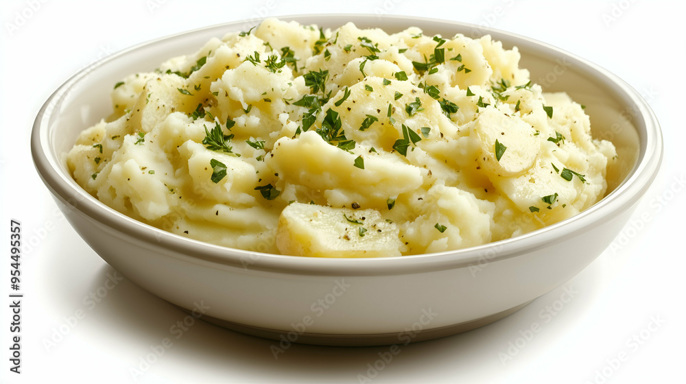 A bowl of creamy mashed potatoes garnished with freshly chopped parsley, seasoned with black pepper, and served in a white bowl. A bowl of creamy mashed potatoes garnished with freshly chopped parsley, seasoned with black pepper, and served in a white bowl.