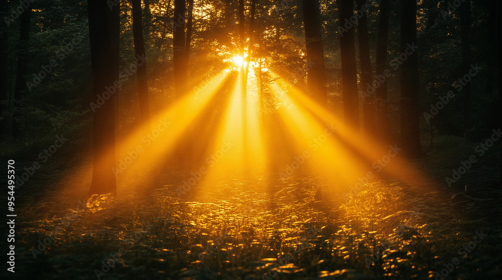 Enchanting forest scene with golden sunbeams piercing through misty trees Enchanting forest scene with golden sunbeams piercing through misty trees