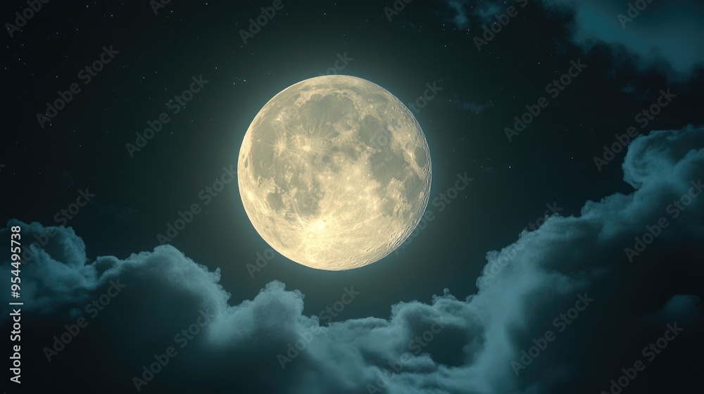 Fototapeta premium Highly detailed 3D cartoon rendering of a bright full moon in a dark night sky Full moon background showcasing the lunar phase