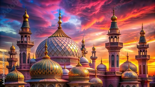 A rich tapestry of pinks, oranges, and purples hues above intricately decorated domes and minarets, evoking mystique and spirituality, warm evening lightning, a realistic photo image. photo