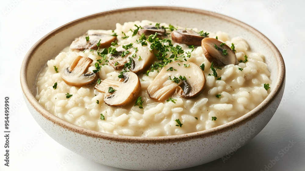 A bowl of creamy mushroom risotto garnished with fresh parsley. This Italian dish features perfectly cooked risotto rice blended with sautéed mushrooms, offering a rich, comforting flavor. A bowl of creamy mushroom risotto garnished with fresh parsley. This Italian dish features perfectly cooked risotto rice blended with sautéed mushrooms, offering a rich, comforting flavor.