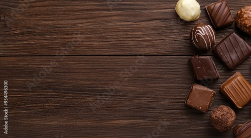 Assortment of delicious chocolate candies on wooden background