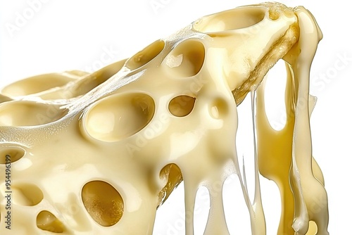 Melted cheese with a delicate stretch and numerous holes, perfect for adding flavor to various dishes and snacks. photo