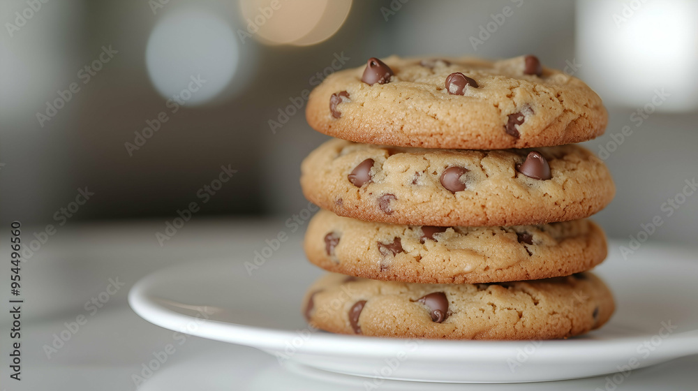 A stack of freshly baked chocolate chip cookies neatly arranged on a white plate.