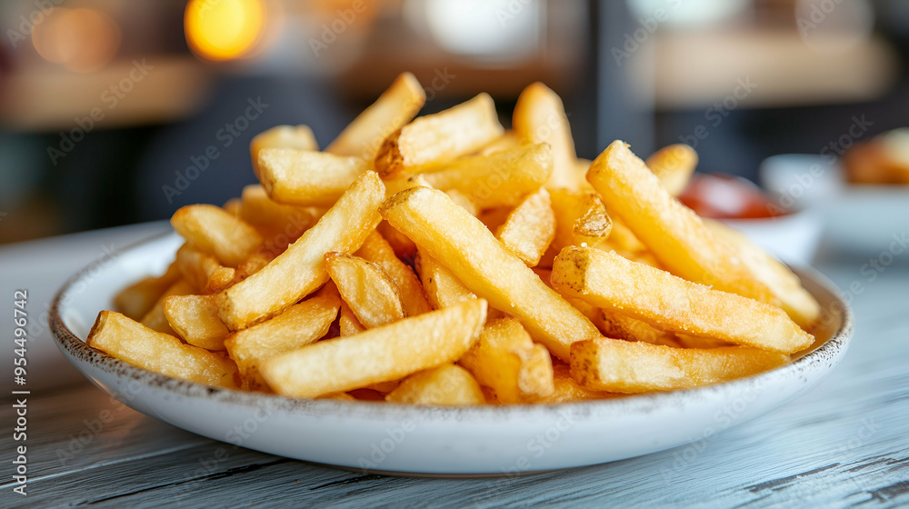 A plate of crispy golden French fries served fresh and hot, showcasing their crunchy texture and perfect golden color. A plate of crispy golden French fries served fresh and hot, showcasing their crunchy texture and perfect golden color.