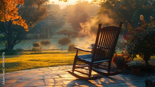 A rocking chair on the porch, a cup of steaming coffee on a table nearby, a view of the sprawling garden at sunrise photo