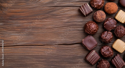 Assortment of delicious chocolate candies on wooden background