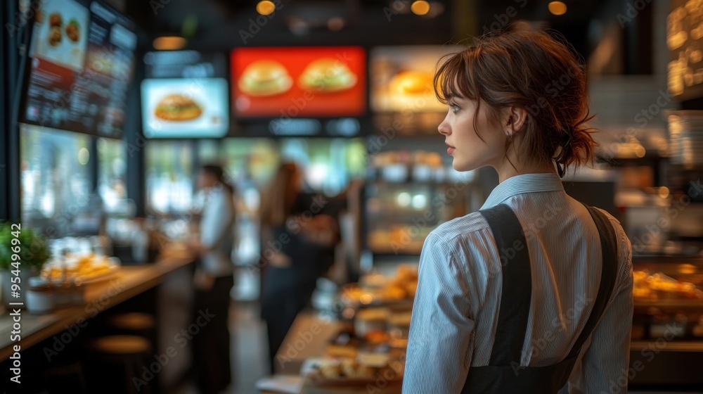 A young woman wearing a restaurant manager's uniform stands in a fast food, back view A young woman wearing a restaurant manager's uniform stands in a fast food, back view