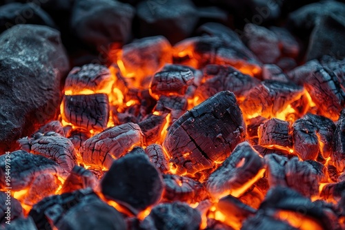 Close-up view of glowing charcoal embers, showcasing vibrant orange hues against dark ashes, perfect for food or outdoor themes.