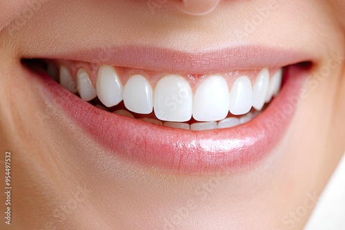 Close-up of a smiling mouth with bright, white teeth showcasing good dental hygiene and health.