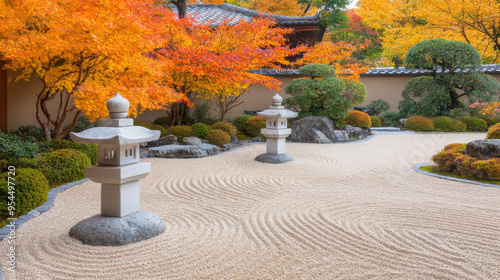 Zen Garden with Stone Lanterns and Autumn Leaves