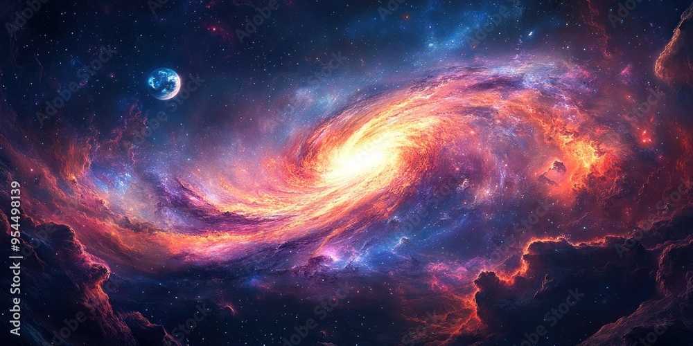 A swirling galaxy with a fiery core, a distant planet and scattered stars. A swirling galaxy with a fiery core, a distant planet and scattered stars.
