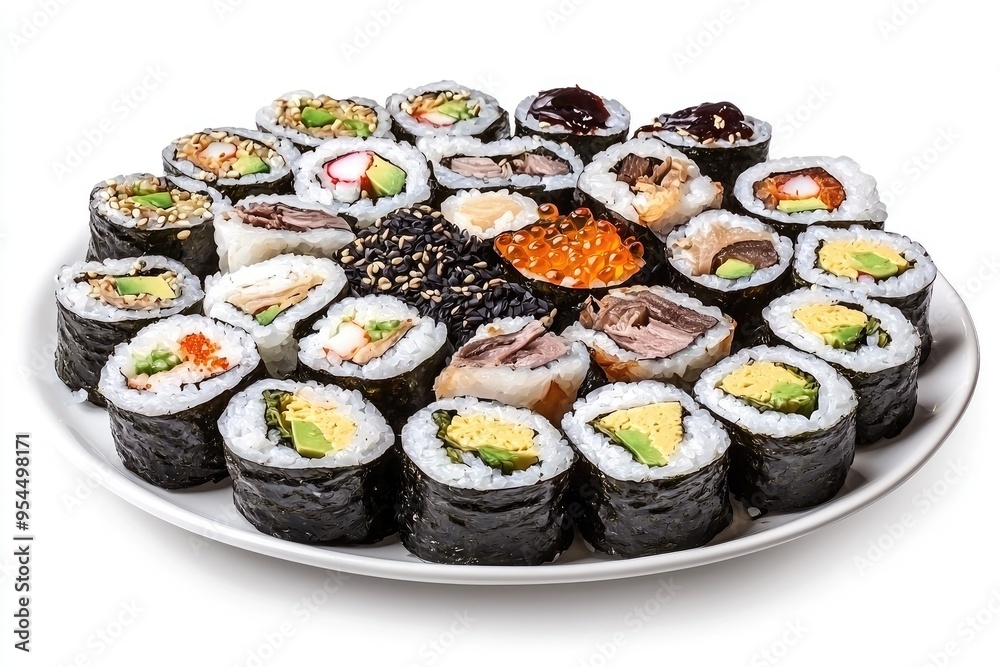 A vibrant assortment of sushi rolls arranged on a plate, showcasing a variety of flavors and ingredients, perfect for food lovers. A vibrant assortment of sushi rolls arranged on a plate, showcasing a variety of flavors and ingredients, perfect for food lovers.