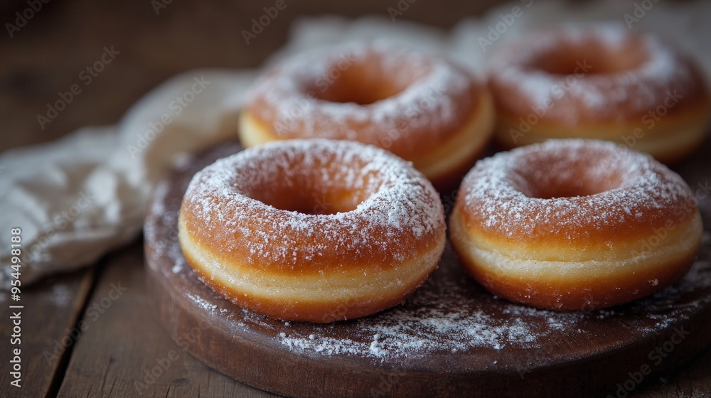 Freshly Baked Powdered Sugar Donuts on Rustic Wooden Board. Freshly Baked Powdered Sugar Donuts on Rustic Wooden Board.