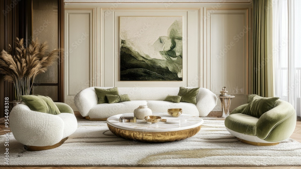 Luxurious living room with a mix of white and olive green decor, featuring plush furniture and a serene, stylish atmosphere Luxurious living room with a mix of white and olive green decor, featuring plush furniture and a serene, stylish atmosphere