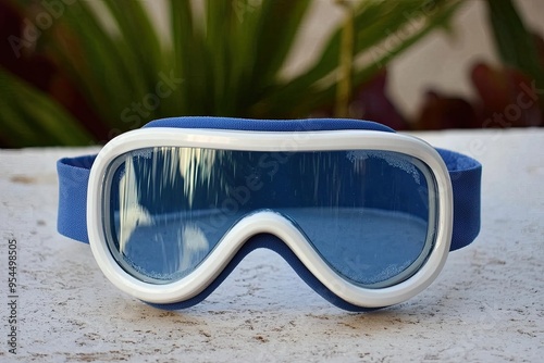 A pair of blue swimming goggles resting on a surface, showcasing a sleek design perfect for water sports and swimming activities. photo