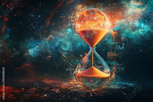 hourglass floating in a galaxy, with business icons forming as the sand flows downward side view symbolizing innovation over time cybernetic tone Complementary Color Scheme. Generative Ai