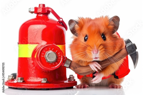 A cute hamster dressed as a fireman, holding a small axe beside a red fire extinguisher, perfect for humorous safety themes. photo