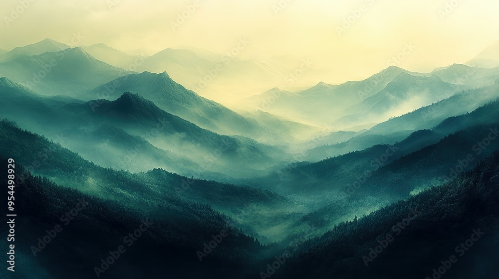 Fototapeta premium Misty Mountain Landscape with Rolling Hills and Forested Slopes
