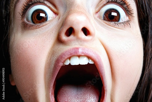 A close-up of a person expressing intense emotions through a wide open mouth and shocked eyes, capturing raw human reaction. photo