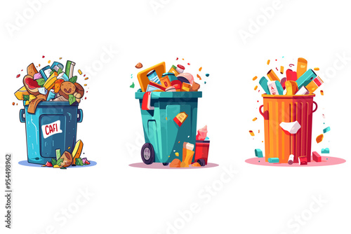 Three trash cans are shown, one of which full of garbage